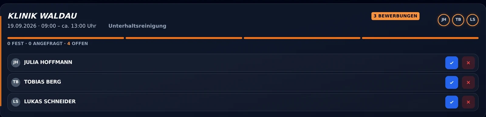 Eine ausgeschriebene Schicht in ShiftNavi mit Bewerbungen